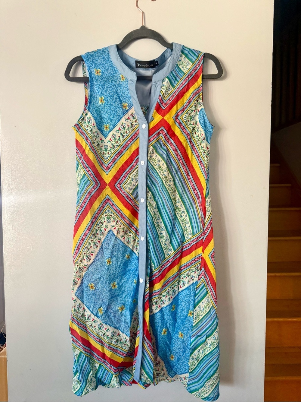 Creation Vibrant Scarf Print Patchwork Sleeveless Dress - Size M